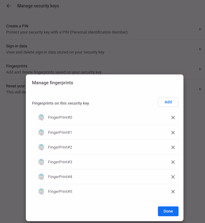 Manage fingerprints for FIDO2 key